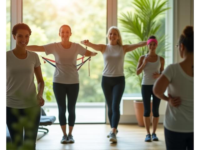 A diverse group of adults engaging in various fitness activities like yoga and light weights, with a digital fitness tracker visible.