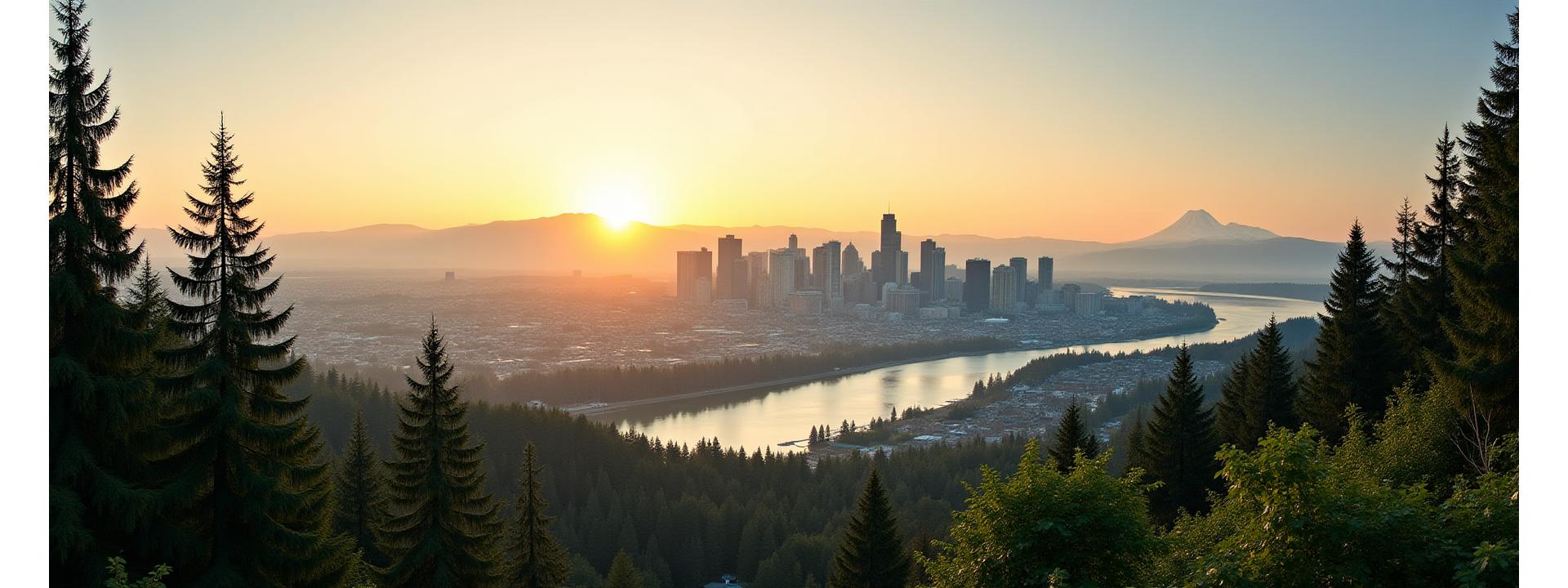 Panoramic view of Portland, Oregon skyline with lush green trees and a gentle river, bathed in soft morning light, evoking a sense of tranquility and vibrant urban nature.