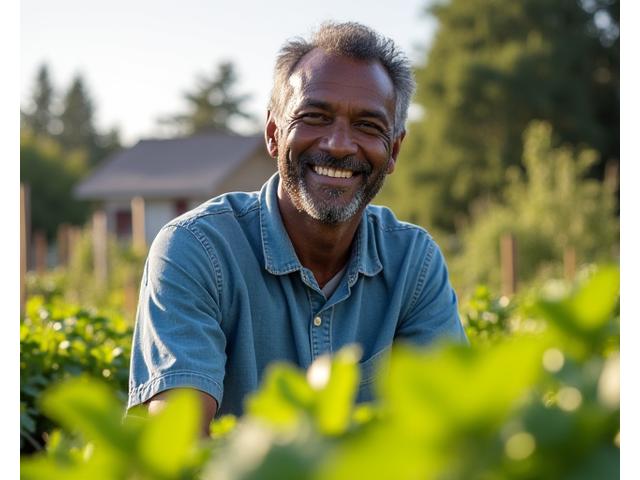 Portrait of David C., a smiling man in his late 50s, tending to a vibrant community garden plot in Portland.