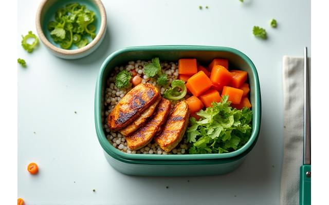 A balanced, healthy meal prepared neatly in a professional bento box, representing nutrition optimization.